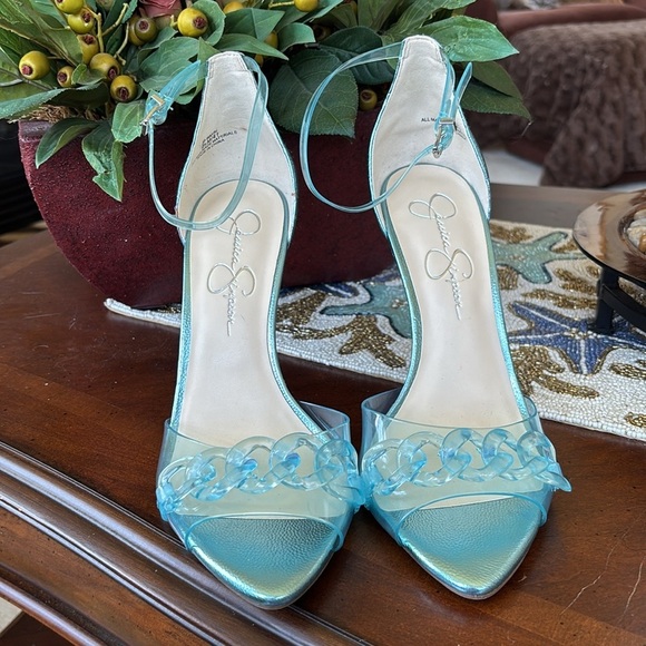 Brand New Jessica Simpson Wayri Stiletto Heels Sandals Lucite Chainlink Blue - Picture 2 of 15